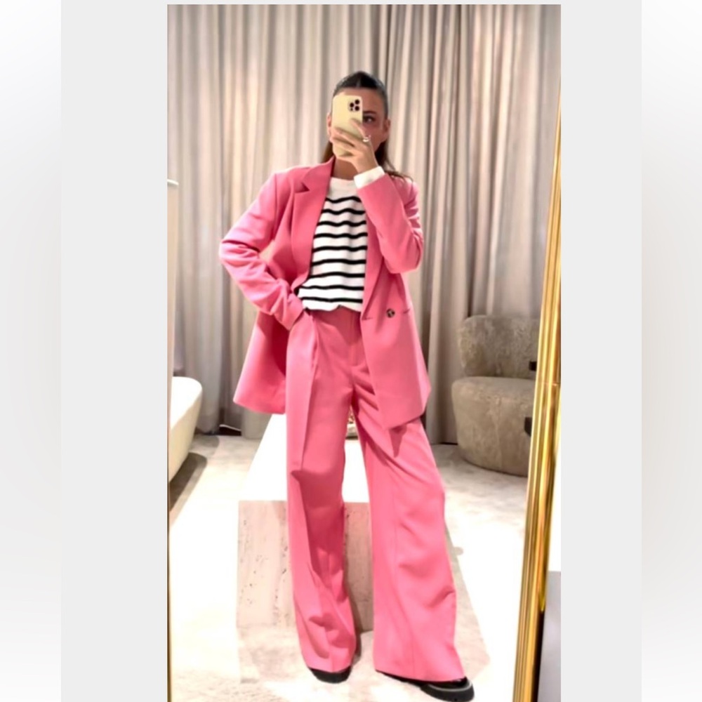 Pink Blazer and Pants Set with Striped Top